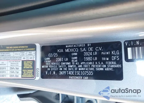 2025 Kia K4 Lxs из США, поврежденный, VIN 3KPFT4DE1SE107535